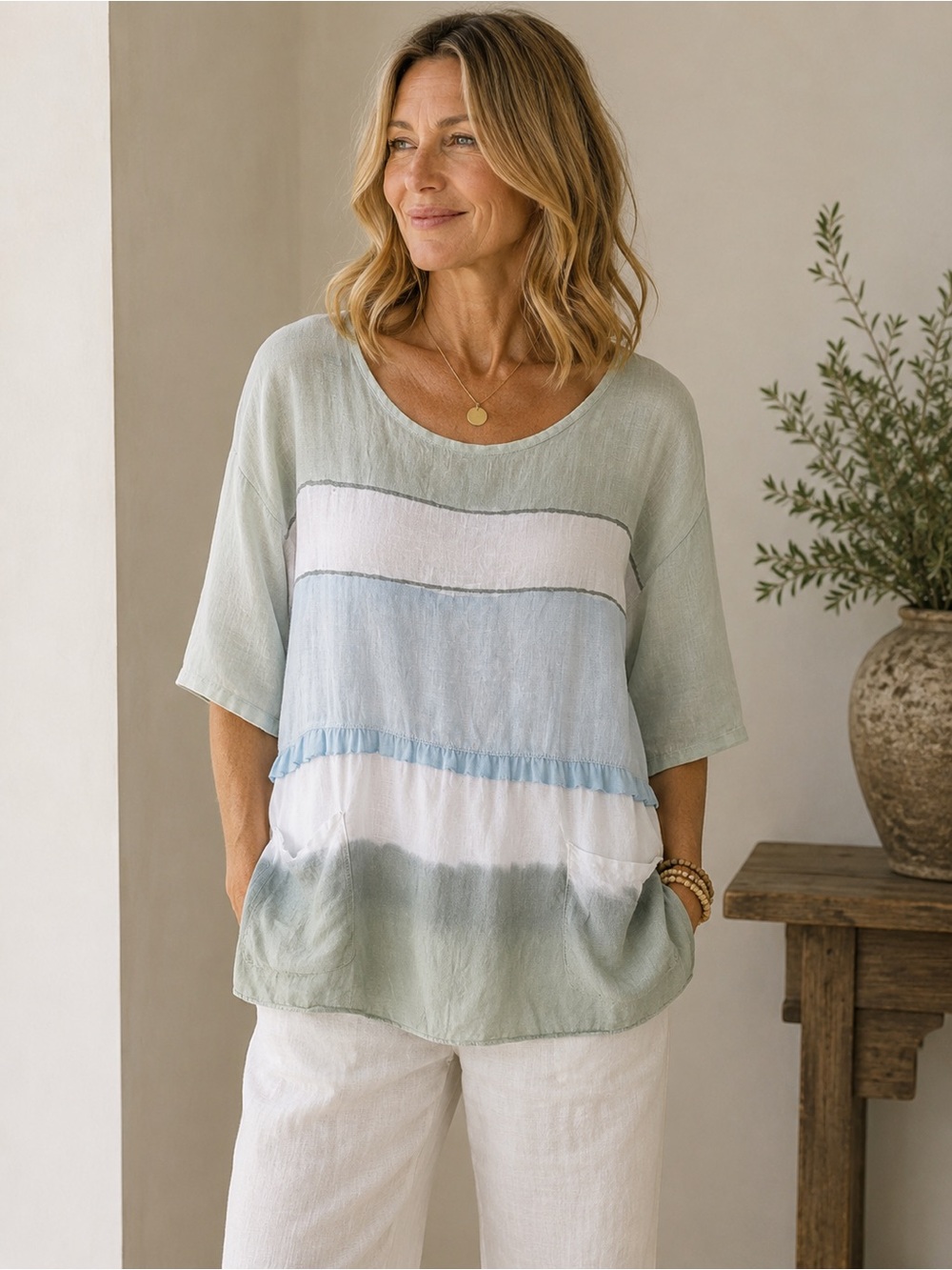 Belle France 100% Linen BoHo Beach Resort Pocket Top Made in Italy Size S